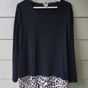 Chicos Black with Cheetah accents Long Sleeved Knit Top VGUC Size 2